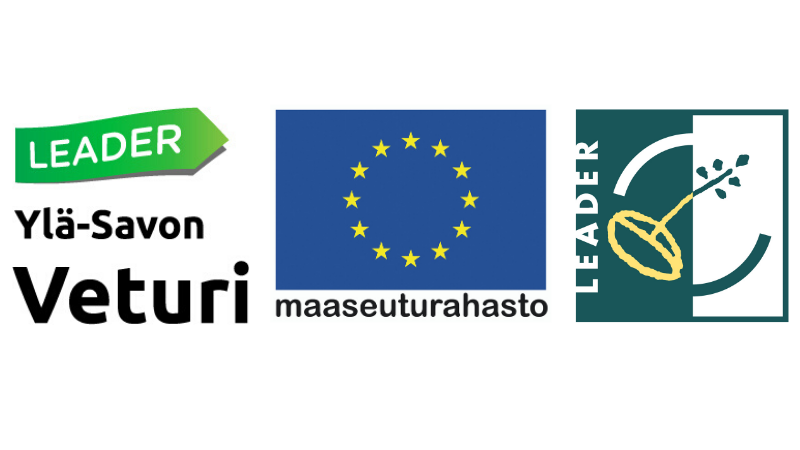 leader logo, maaseuturahaston logo, ylä-savon veturin logo, vihreä nuoli tekstiä, tähtiä sinisellä pohjalla